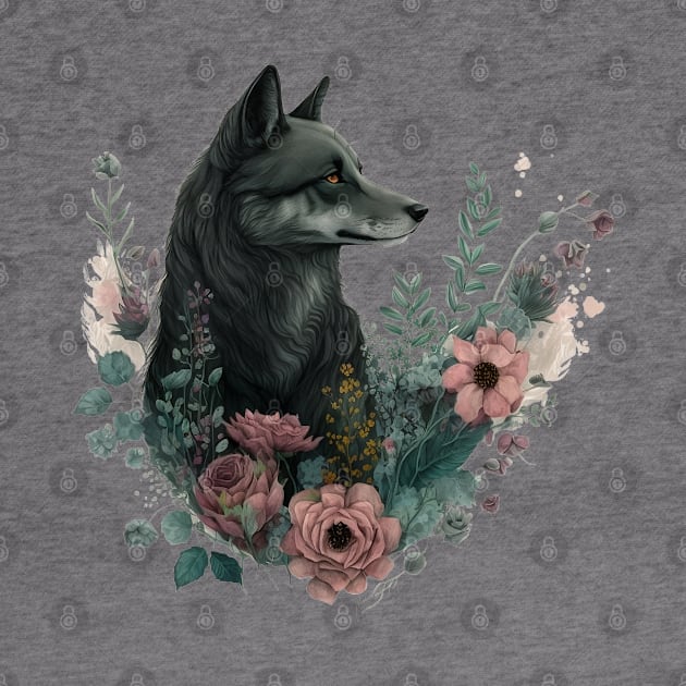 Colorful Wolf with Flowers by PlayfulPrints